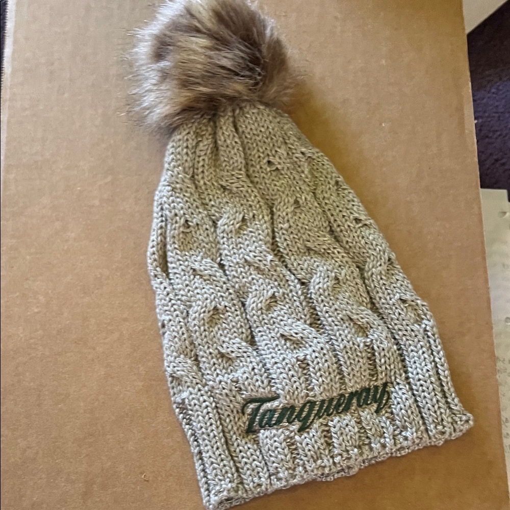 Tan Knitted Beanie with Faux Fur Pom